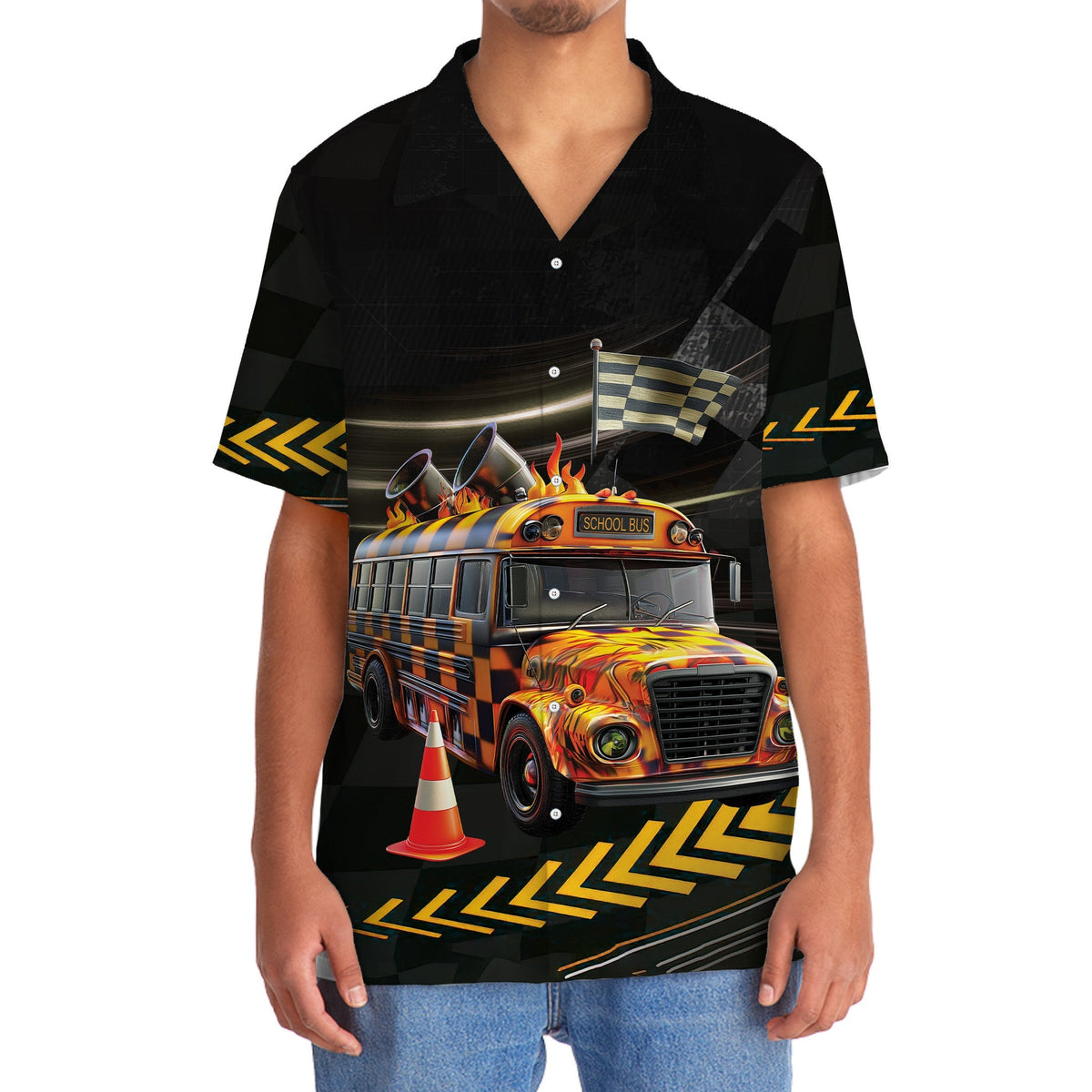 Racing School Bus Street Fun Hawaiian Shirt Design Detail For Beach Days And Holiday Travel