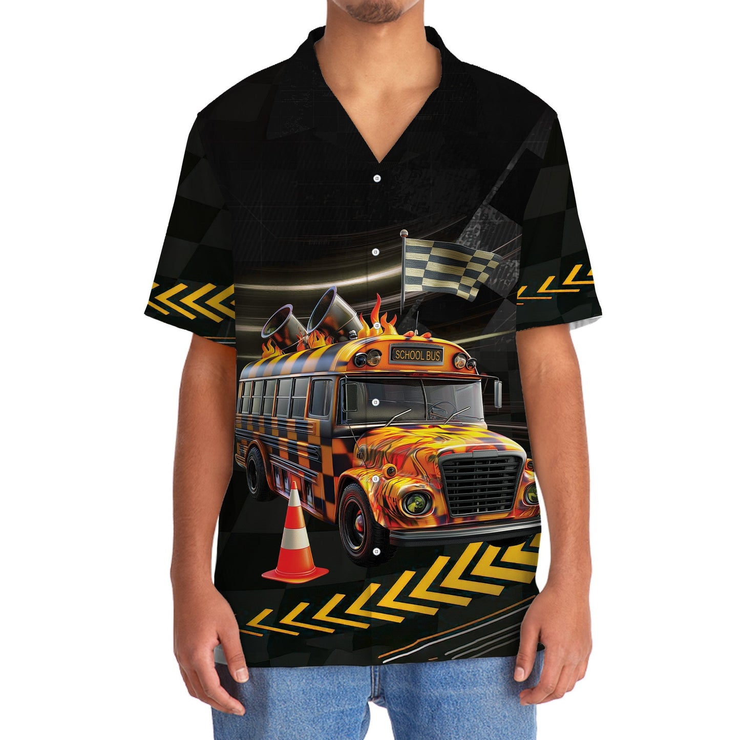 Racing School Bus Street Fun Hawaiian Shirt Design Detail For Beach Days And Holiday Travel