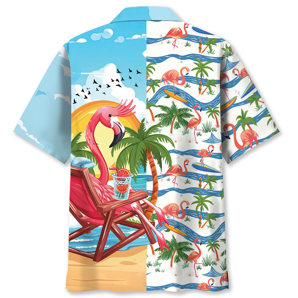 Tropical Summer Vacation Flamingo Hawaiian Shirt Design Detail For Beach Days And Holiday Travel