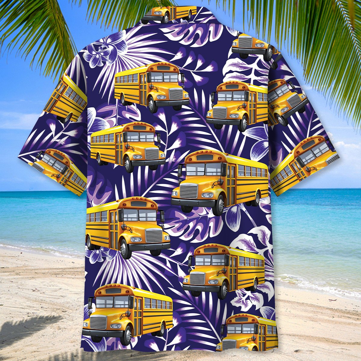 Tropical Retro School Bus Fun Hawaiian Shirt Artwork Detail For Tropical Trips And Casual Outings