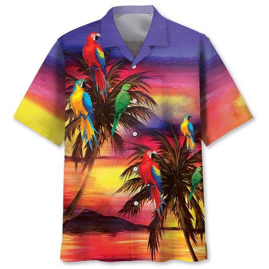 Tropical Parrot Sunset Beach Hawaiian Shirt For Vacation Days And Relaxed Coastal Outings