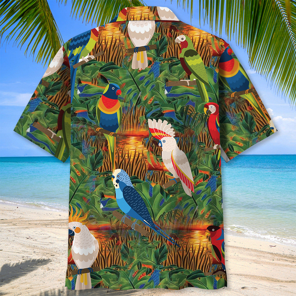 Tropical Parrot Sunset Marsh Hawaiian Shirt Artwork Detail For Tropical Trips And Casual Outings