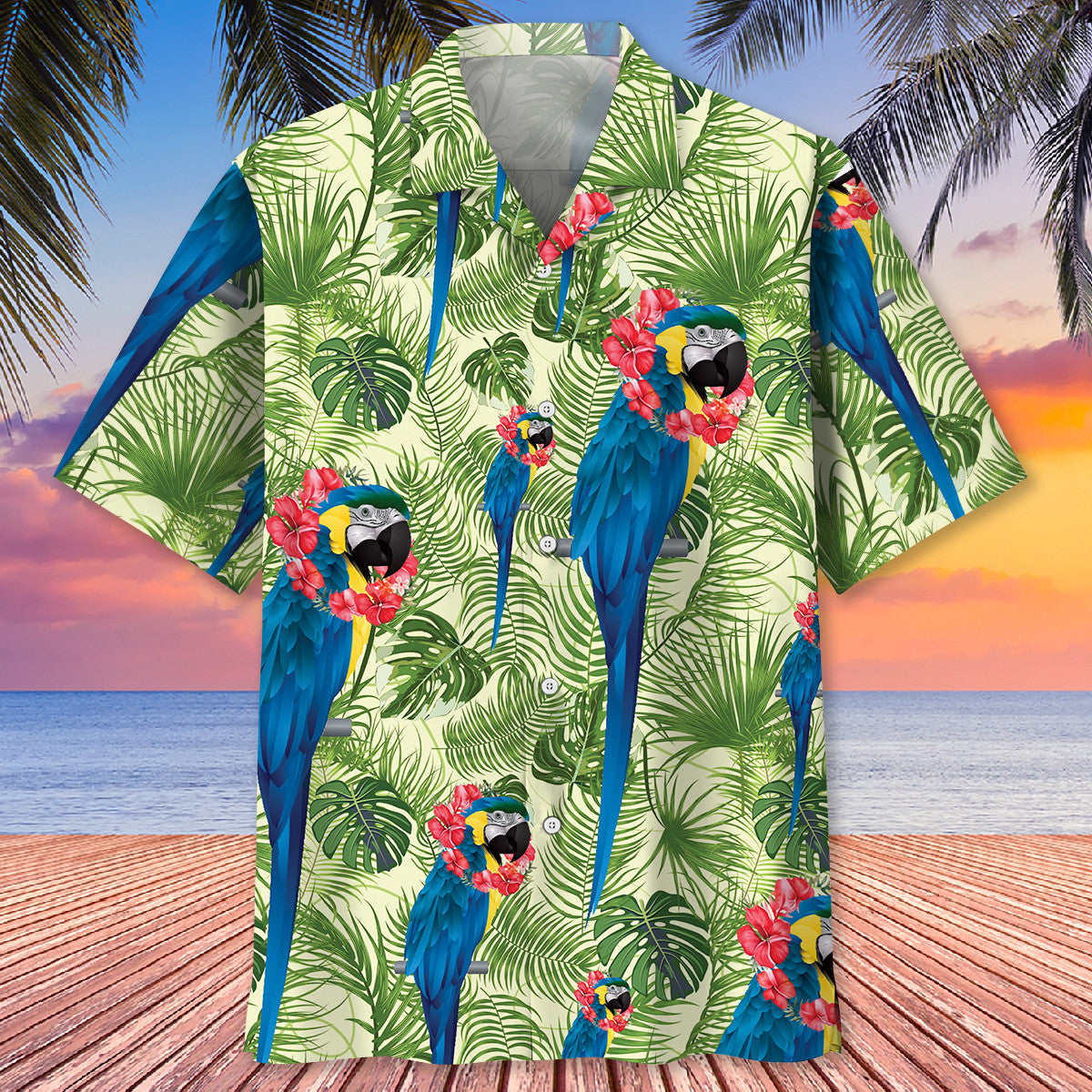 Blue Tropical Parrot Hawaiian Shirt Artwork Detail For Resort Trips And Outdoor Activities