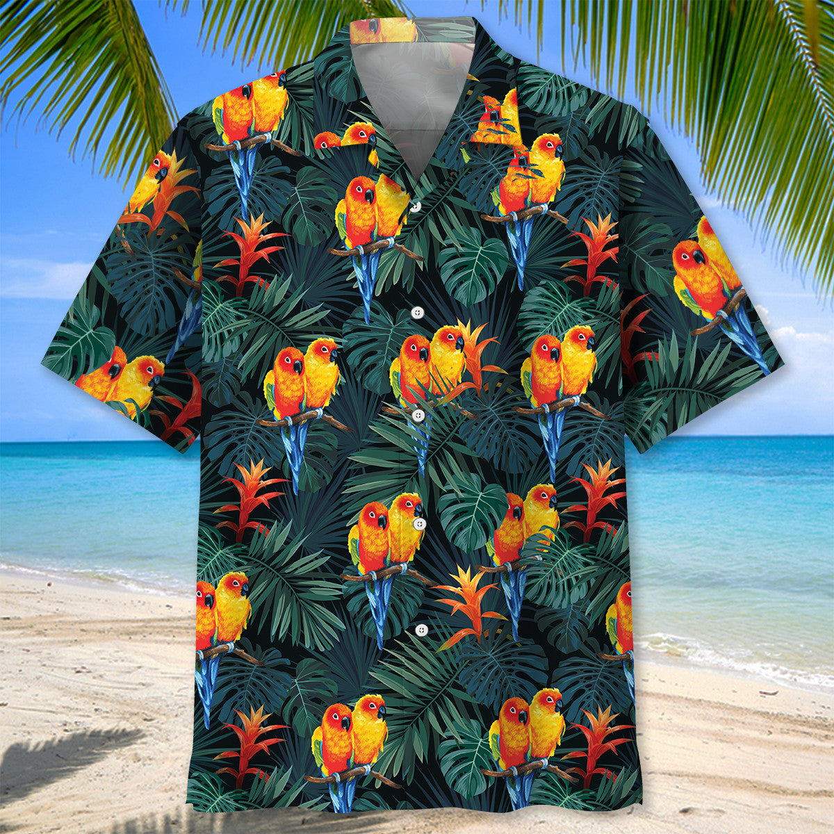 Dark Green Tropical Parrot Hawaiian Shirt For Warm Weather Adventures And Everyday Comfort