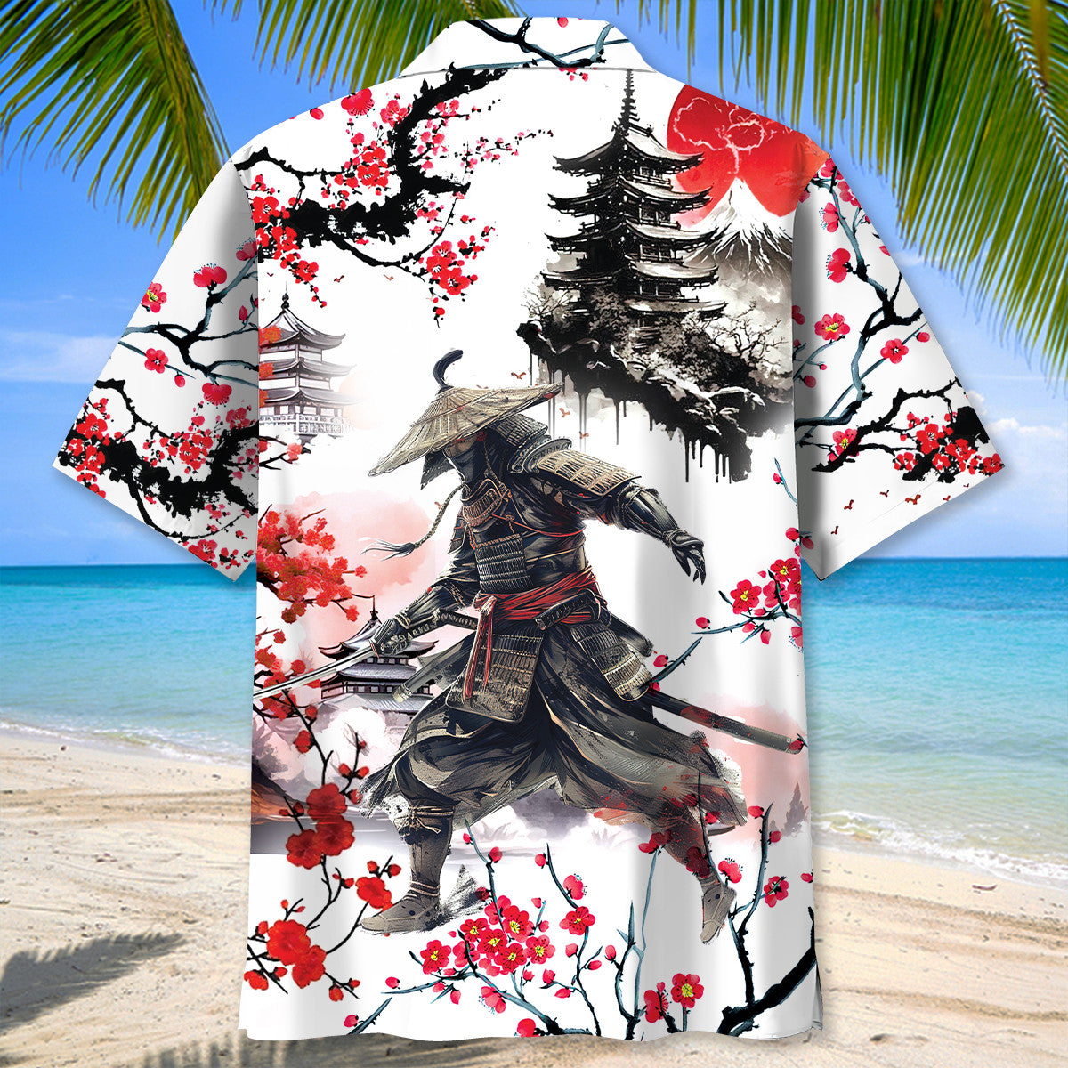 Cherry Blossom Samurai Warrior Hawaiian Shirt Pattern Detail For Vacation Travel And Daily Wear