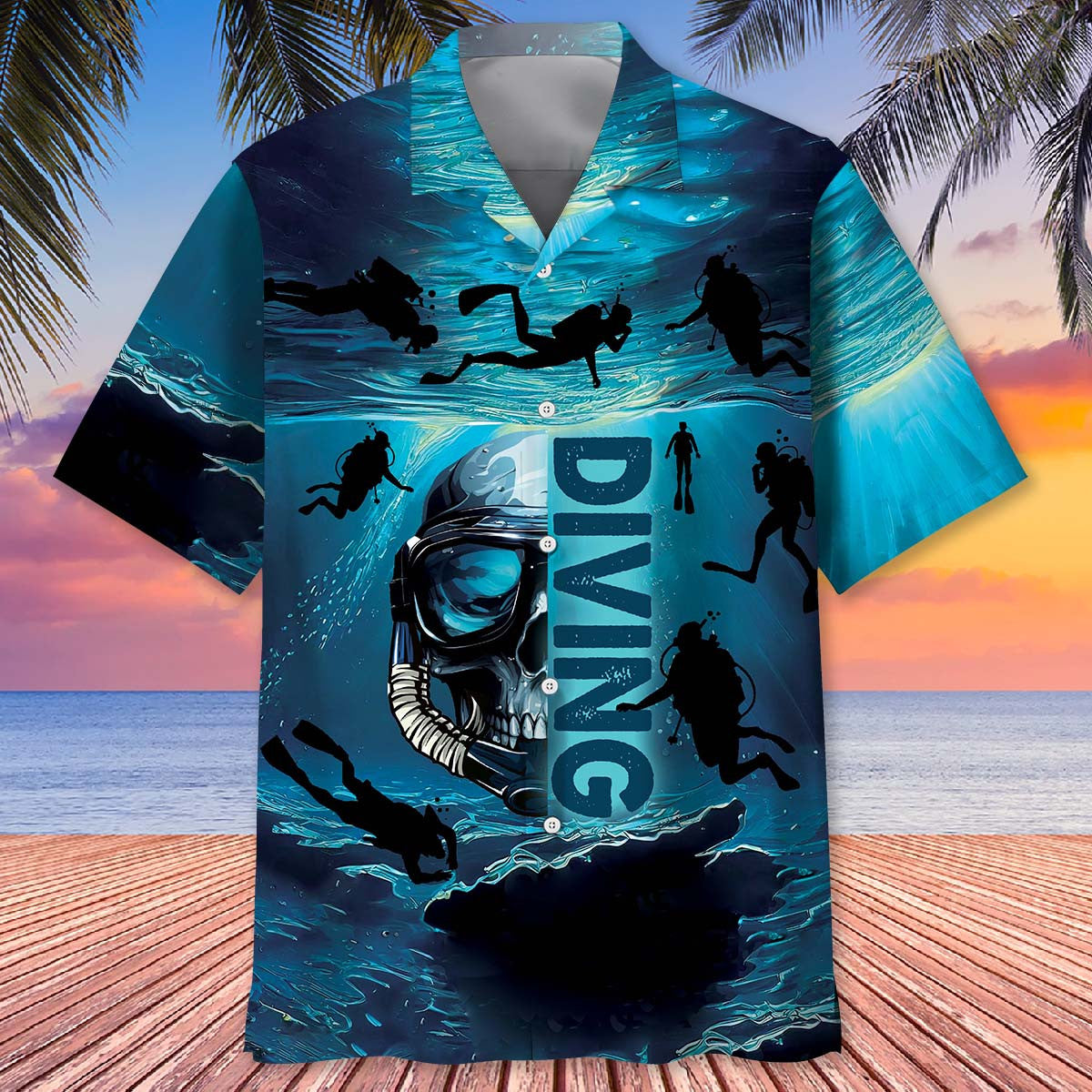 Skull Diving Hawaiian Shirt Pattern View For Relaxed Warm Weather Outfits