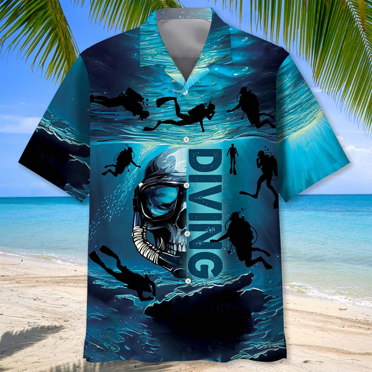 Skull Diving Hawaiian Shirt Artwork Detail For Resort Trips And Outdoor Activities