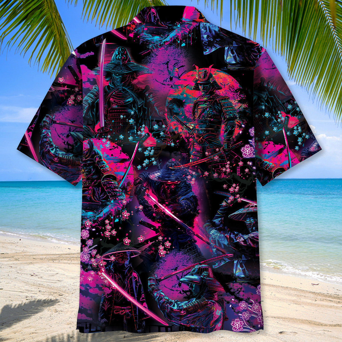 Neon Samurai Hawaiian Shirt Pattern View For Relaxed Warm Weather Outfits