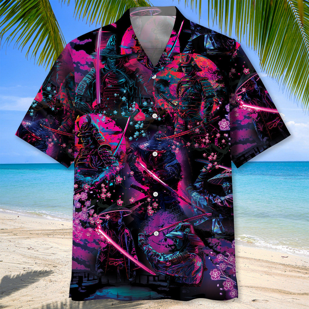 Neon Samurai Hawaiian Shirt Artwork Detail For Resort Trips And Outdoor Activities