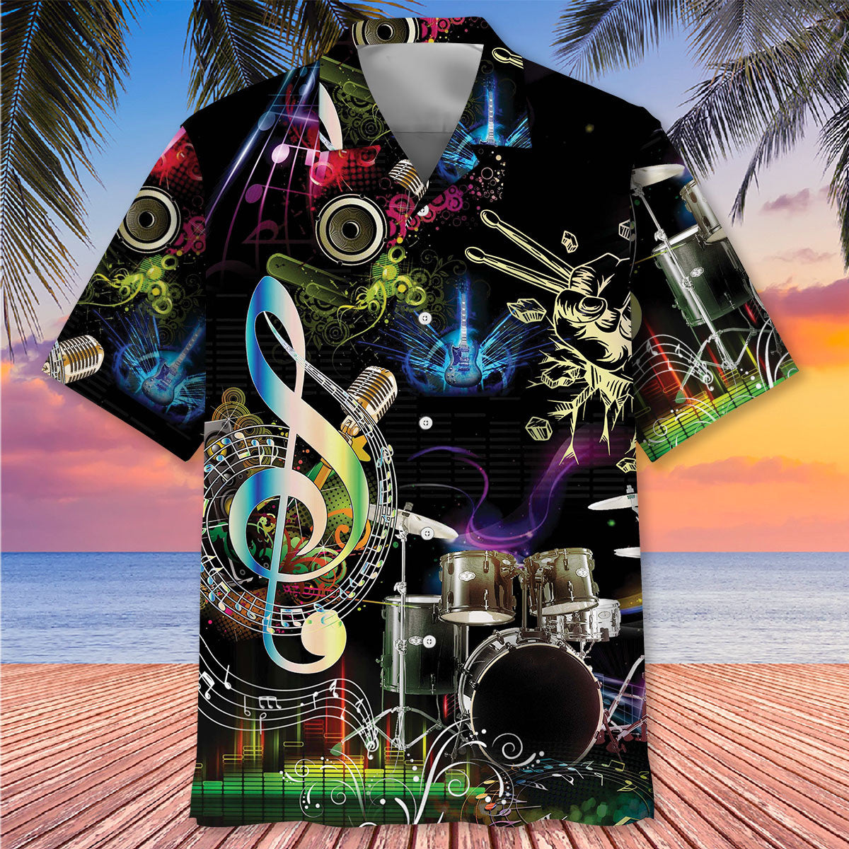 Neon Drum Light Hawaiian Shirt Artwork View For Coastal Escapes And Resort Style