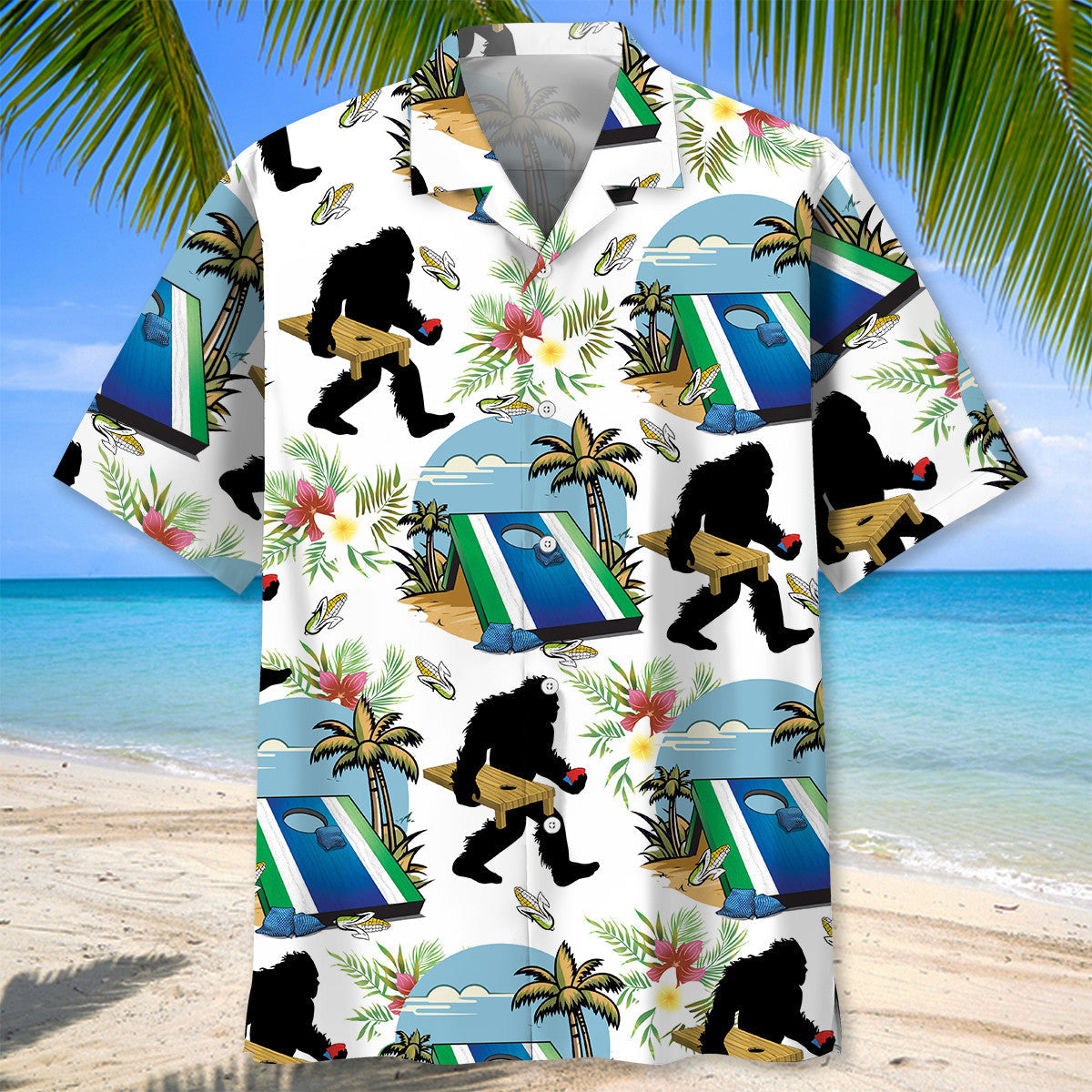 Funny Tropical Cornhole Forest Creature Hawaiian Shirt Artwork Detail For Resort Trips And Outdoor Activities