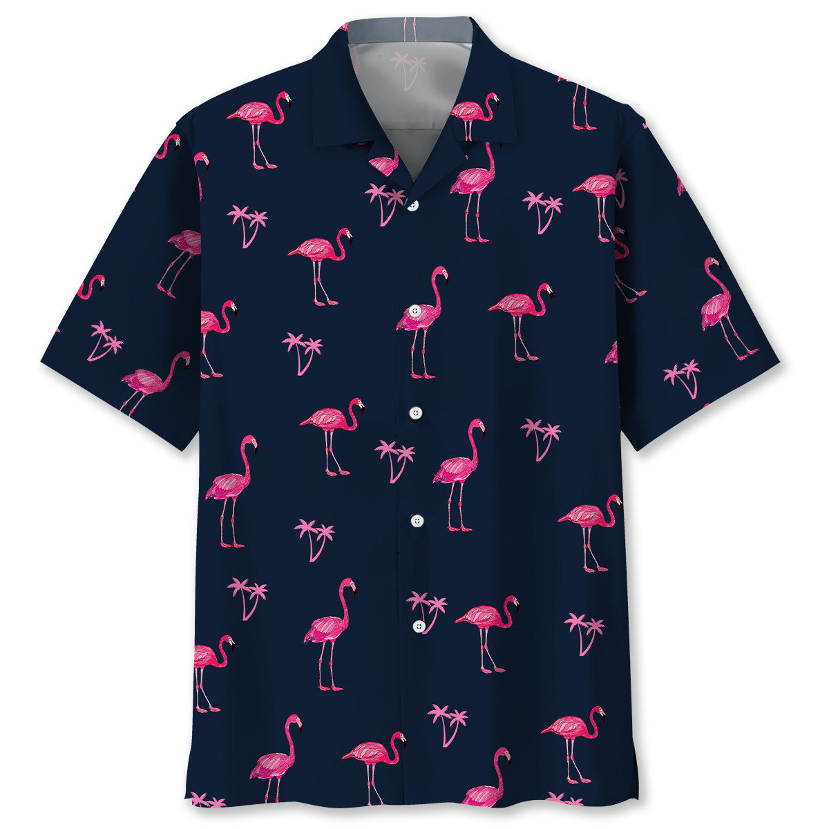 Dark Tropical Navy Flamingo Hawaiian Shirt For Summer Vacation And Beach Travel