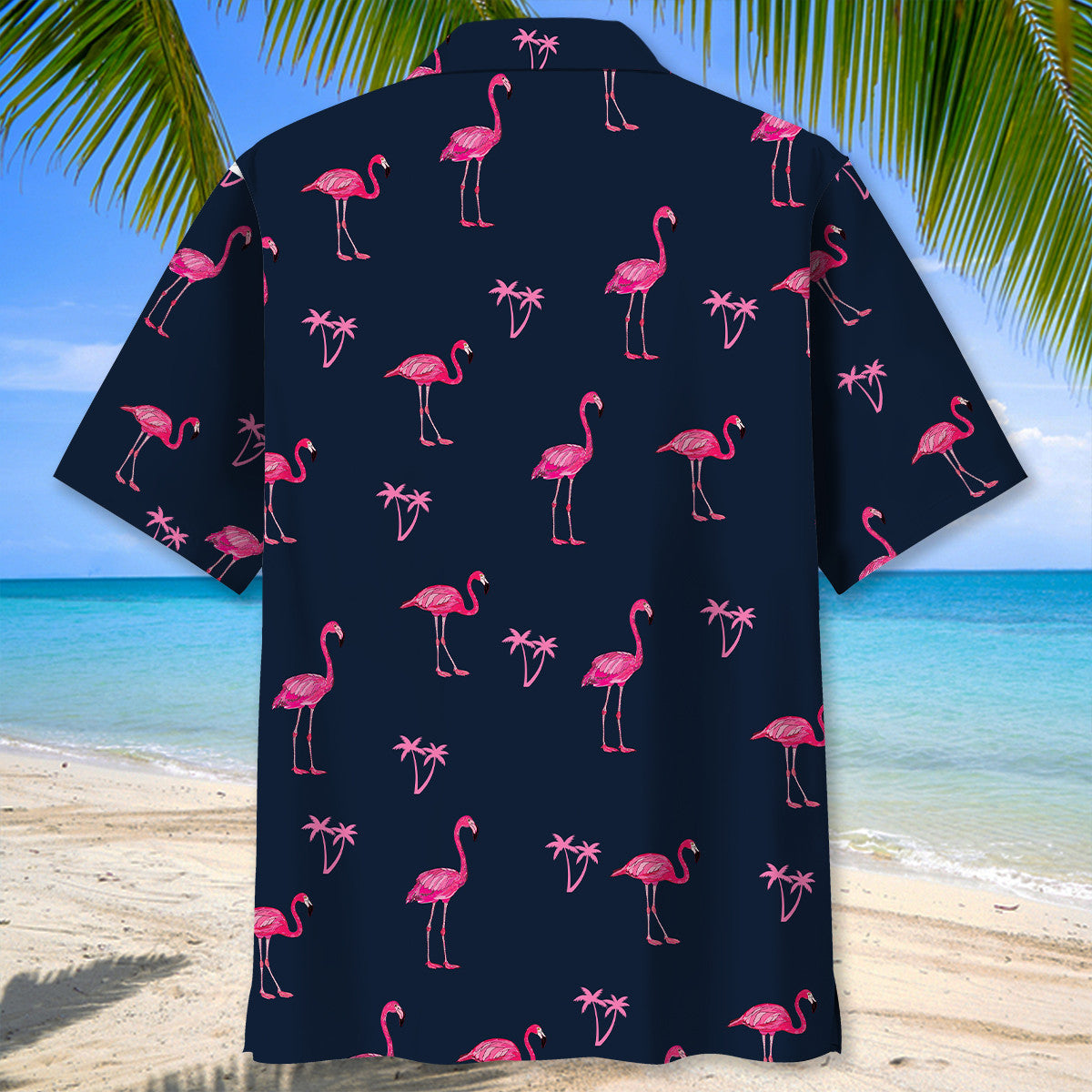 Dark Tropical Navy Flamingo Hawaiian Shirt Design View For Casual Summer Styling