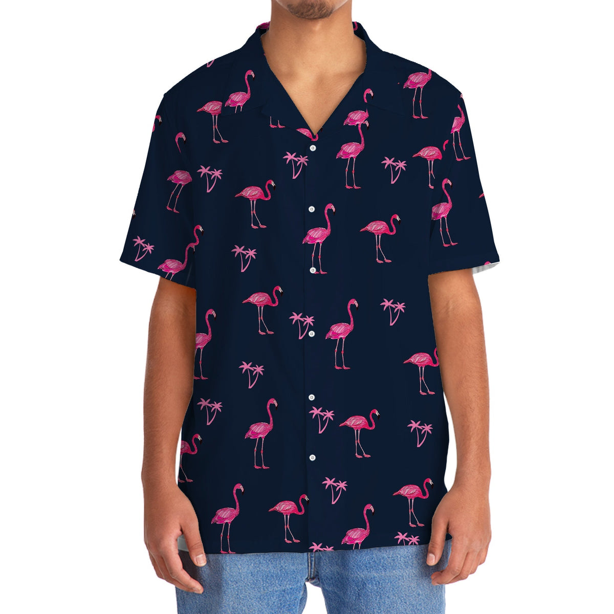 Dark Tropical Navy Flamingo Hawaiian Shirt For Beach Parties And Weekend Getaways
