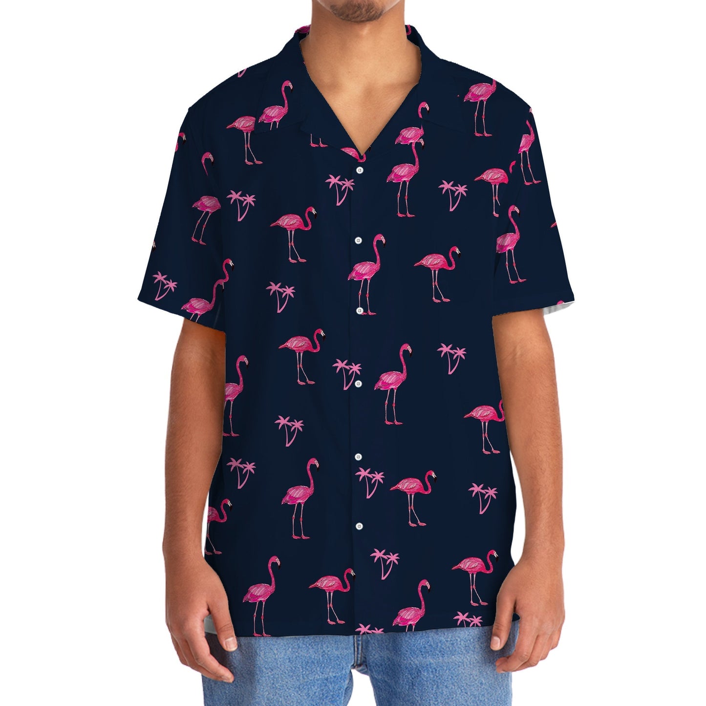 Dark Tropical Navy Flamingo Hawaiian Shirt For Beach Parties And Weekend Getaways