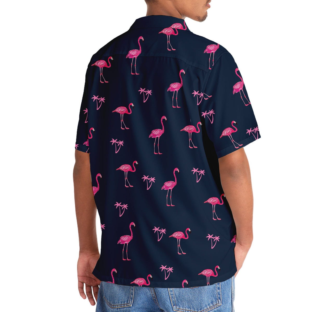 Dark Tropical Navy Flamingo Hawaiian Shirt Pattern Detail For Vacation Travel And Daily Wear