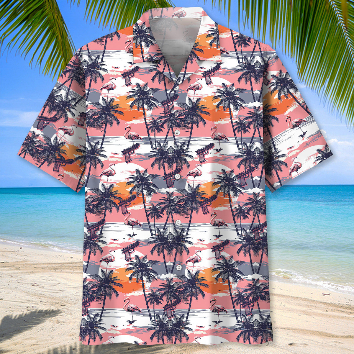 Retro Flamingo Sunset Hawaiian Shirt Artwork View For Weekend Travel And Beach Style