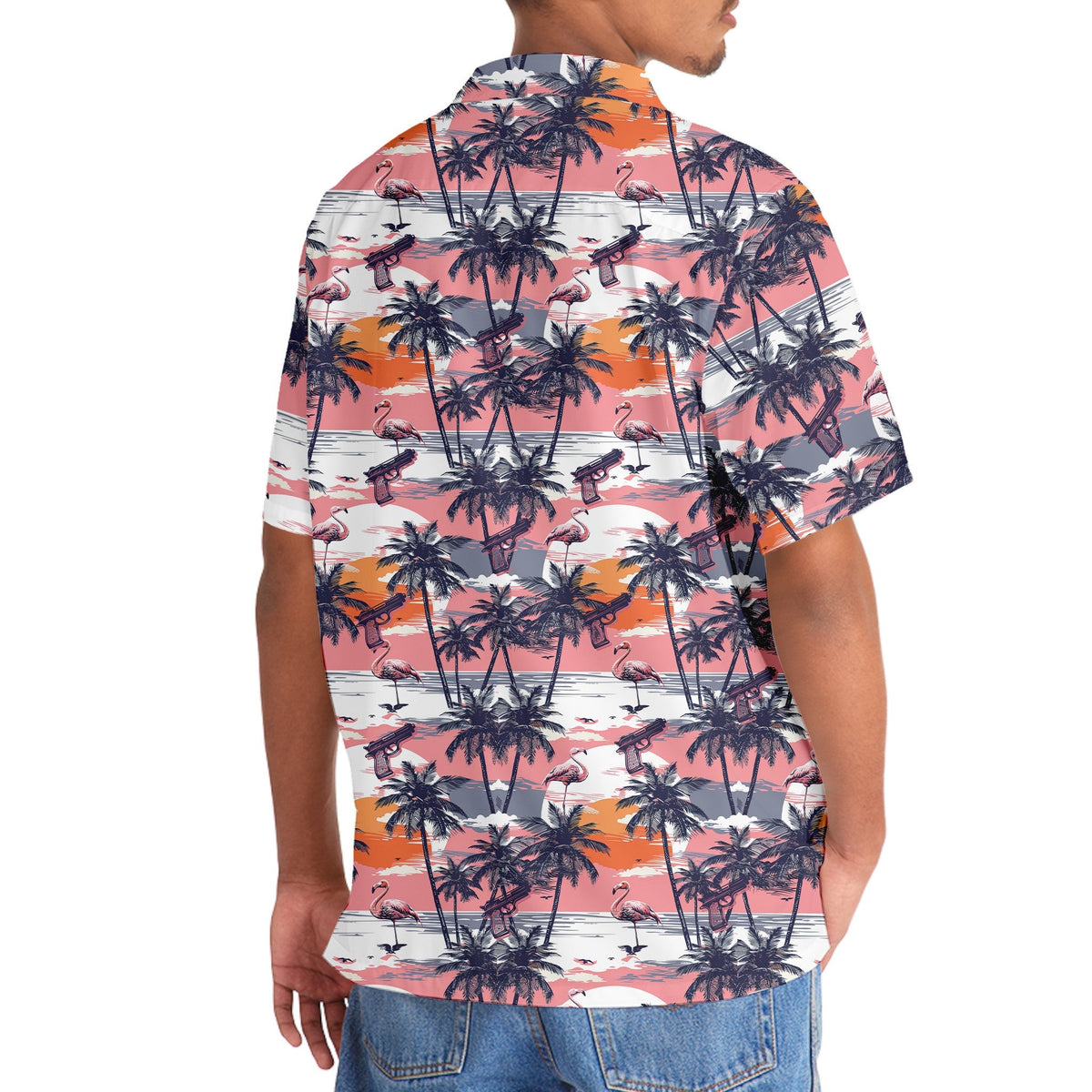 Retro Flamingo Sunset Hawaiian Shirt Pattern View For Relaxed Warm Weather Outfits