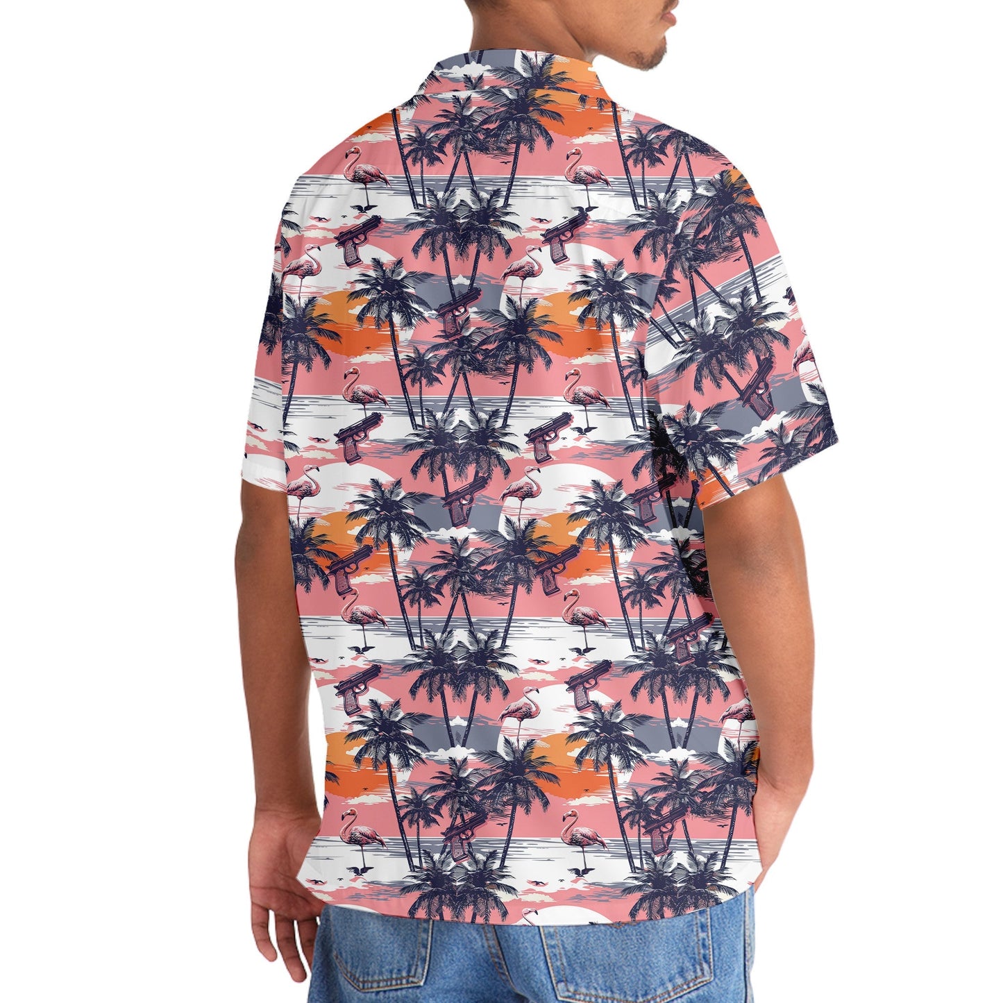 Retro Flamingo Sunset Hawaiian Shirt Pattern View For Relaxed Warm Weather Outfits