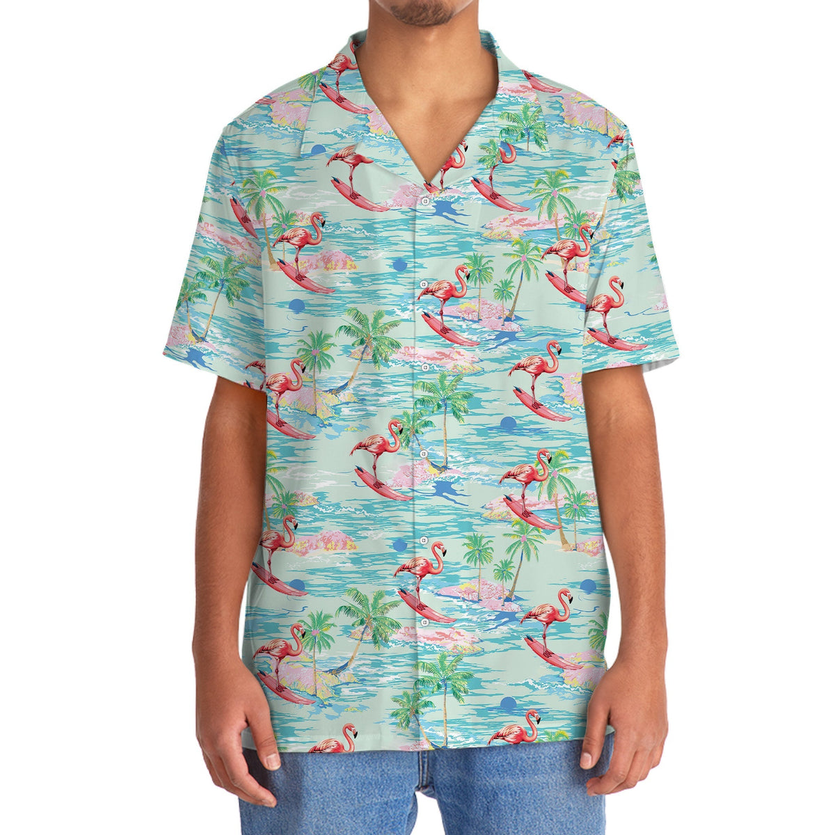 Retro Tropical Flamingo Beach Hawaiian Shirt Artwork Detail For Resort Trips And Outdoor Activities