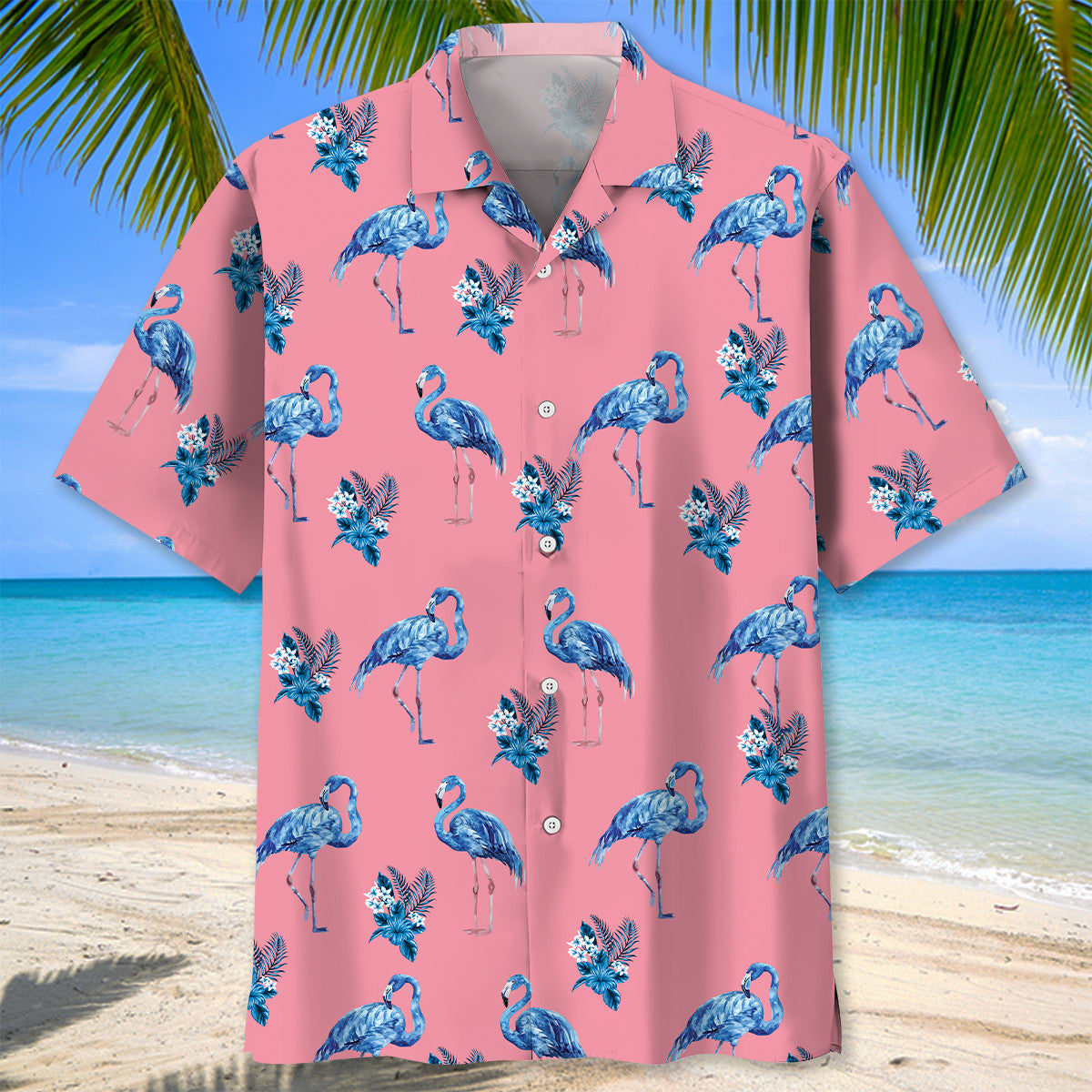 Blue Pink Tropical Flamingo Hawaiian Shirt Pattern Detail For Summer Holidays And Outdoor Fun