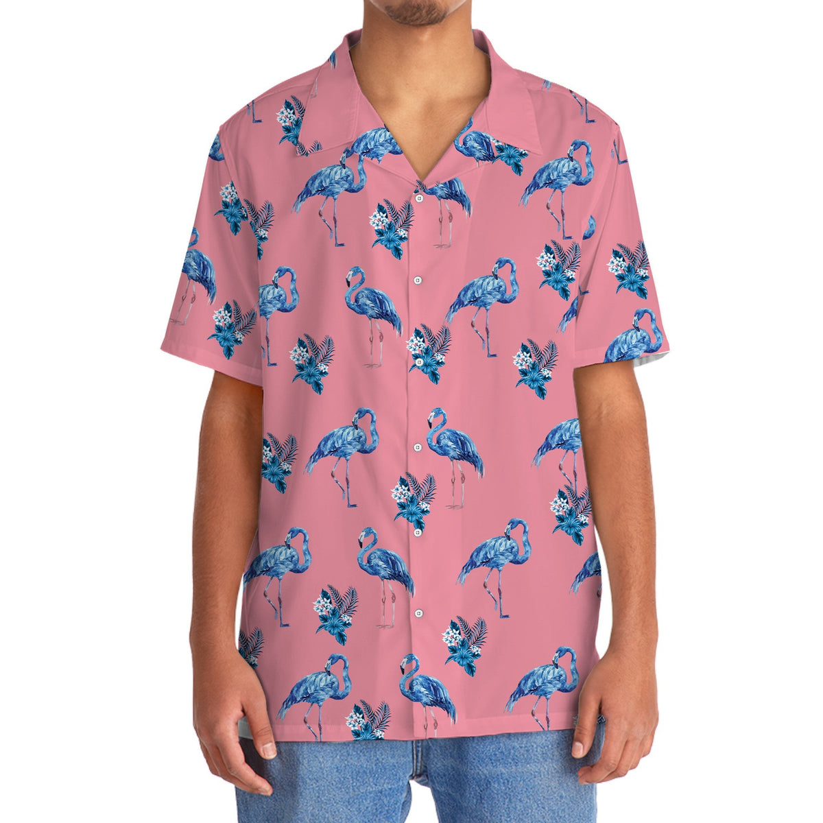Blue Pink Tropical Flamingo Hawaiian Shirt Design Detail For Sunny Adventures And Casual Wear