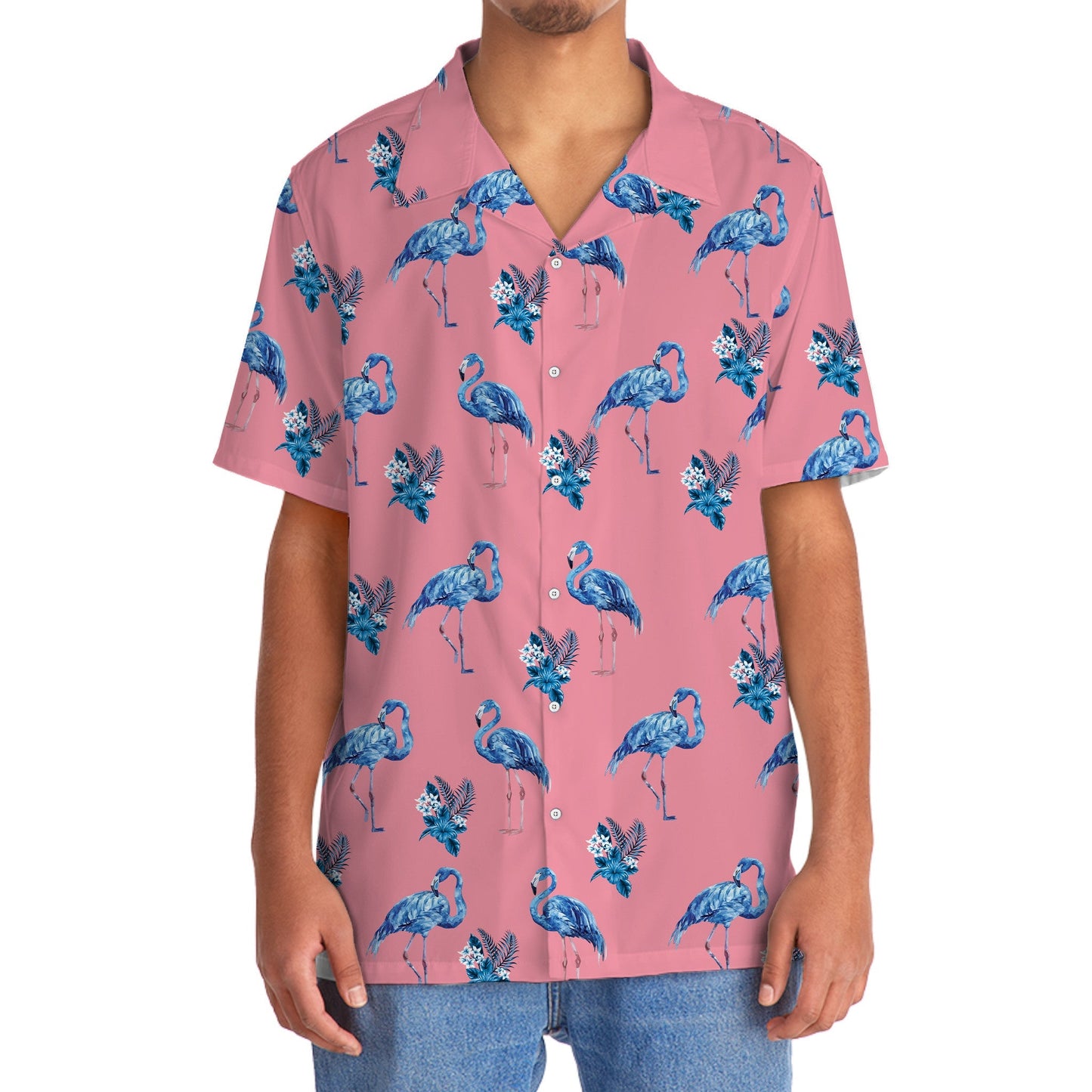 Blue Pink Tropical Flamingo Hawaiian Shirt Design Detail For Sunny Adventures And Casual Wear