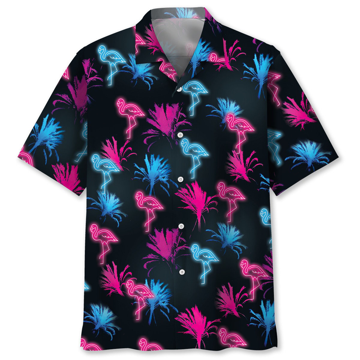 Retro Neon Tropical Flamingo Hawaiian Shirt Artwork Detail For Tropical Trips And Casual Outings