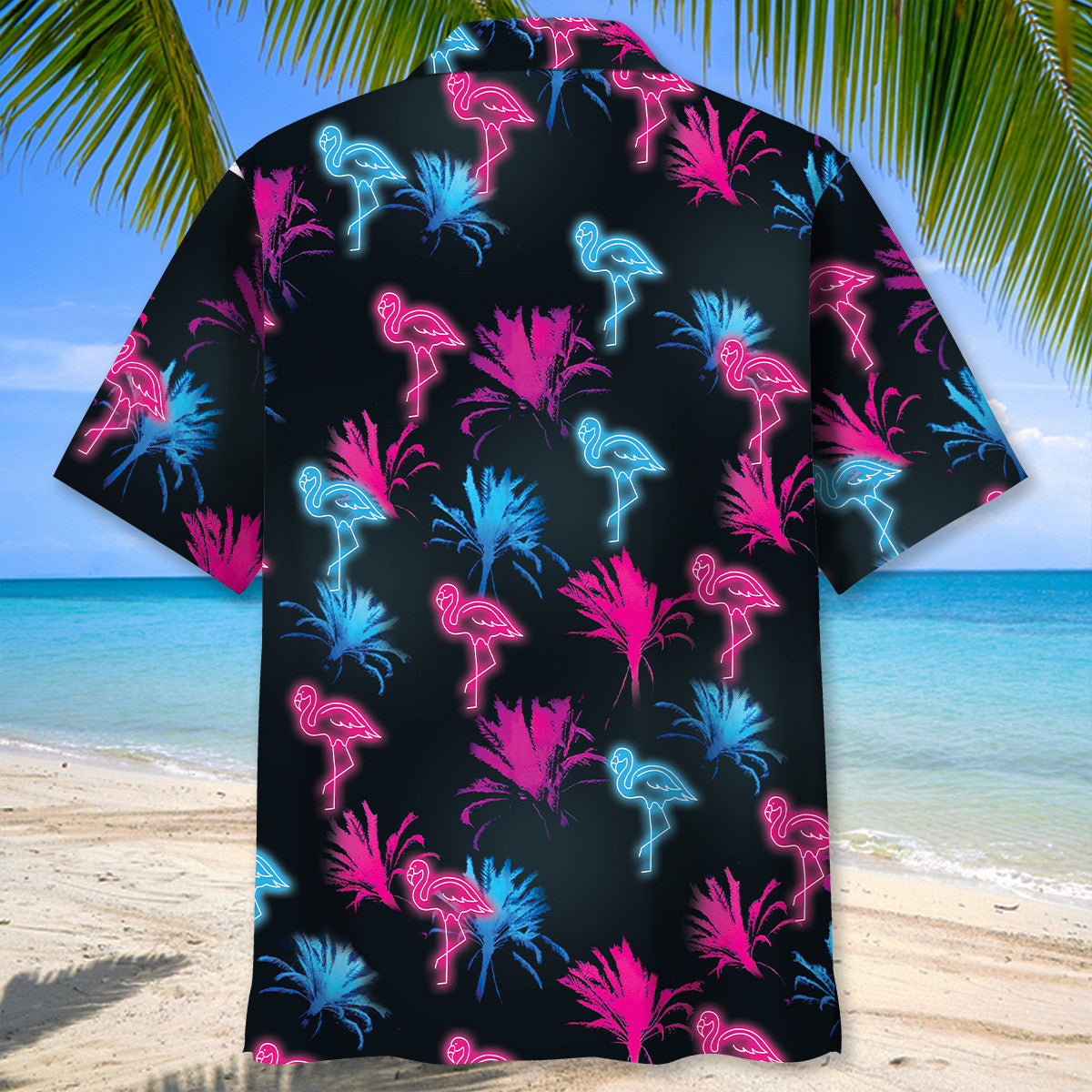 Retro Neon Tropical Flamingo Hawaiian Shirt Pattern Detail For Summer Holidays And Outdoor Fun