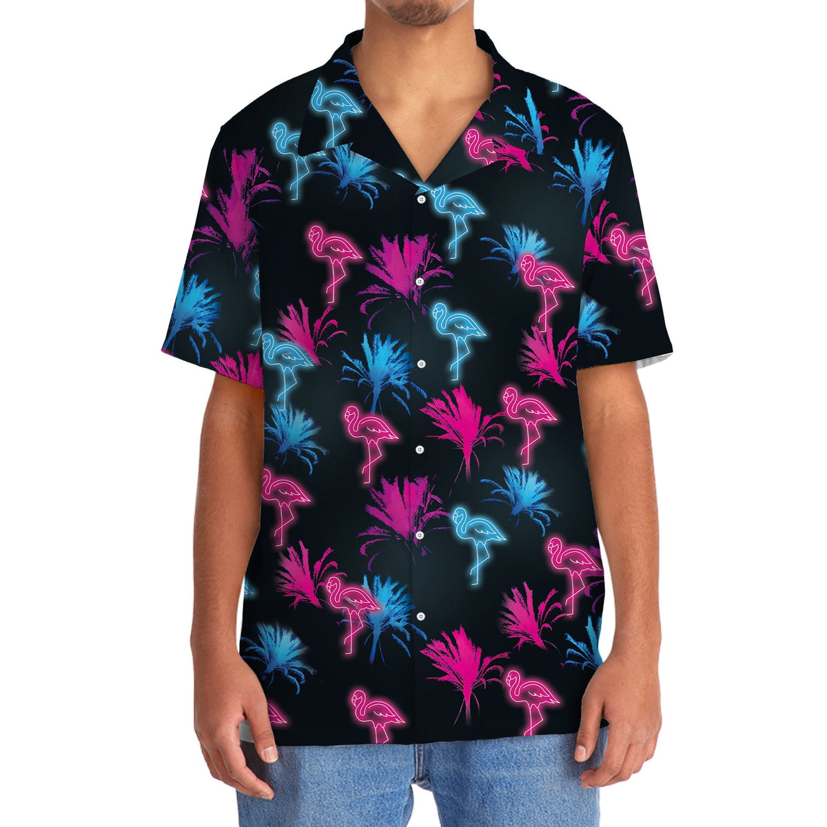 Retro Neon Tropical Flamingo Hawaiian Shirt For Vacation Days And Relaxed Coastal Outings