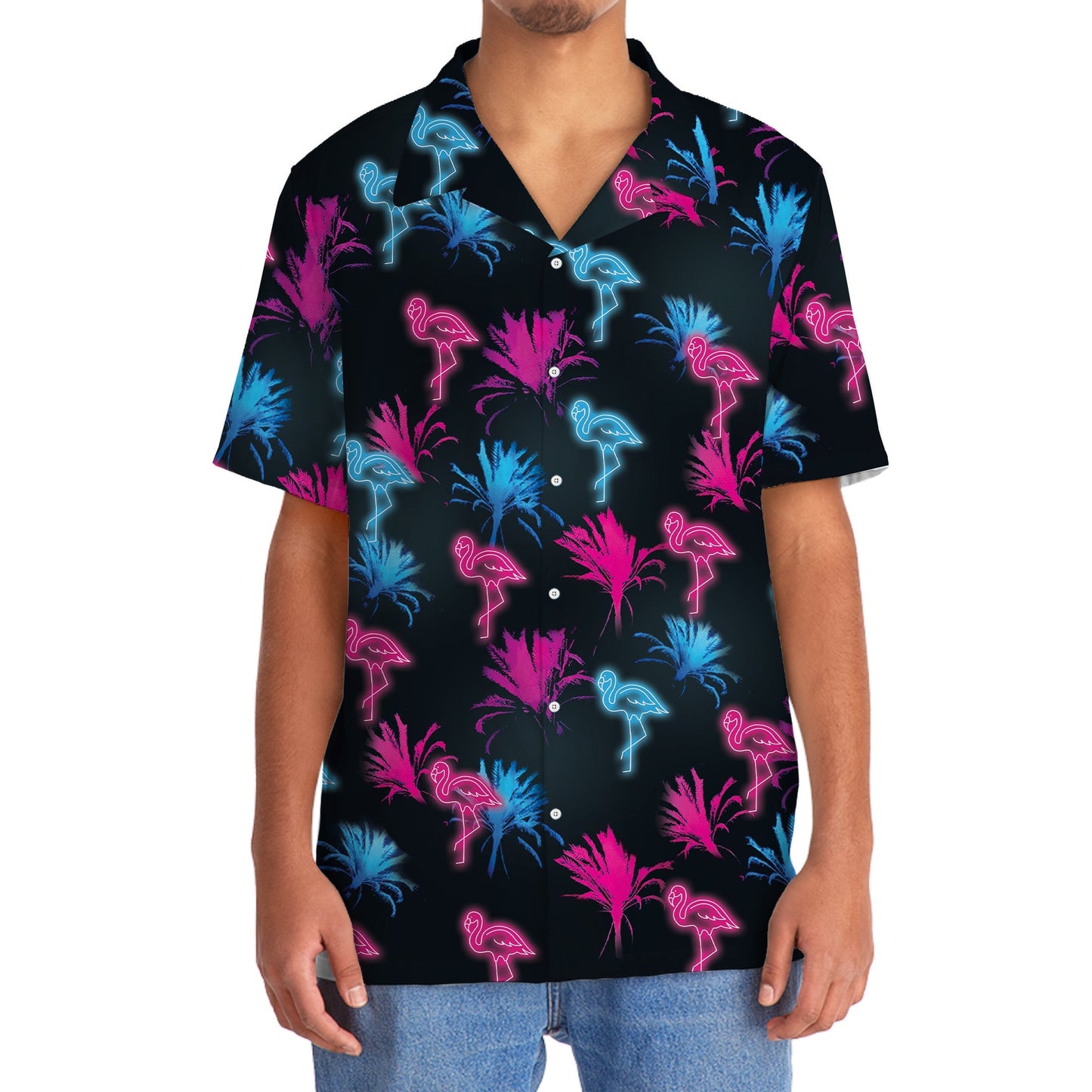 Retro Neon Tropical Flamingo Hawaiian Shirt For Vacation Days And Relaxed Coastal Outings