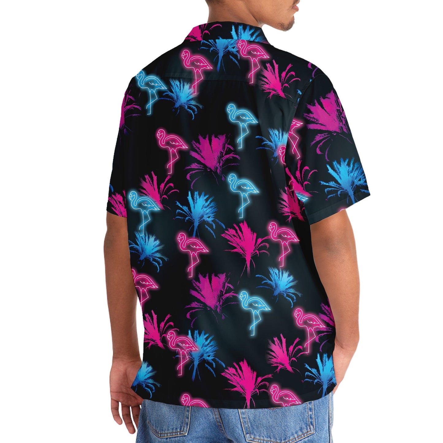 Retro Neon Tropical Flamingo Hawaiian Shirt Artwork View For Weekend Travel And Beach Style