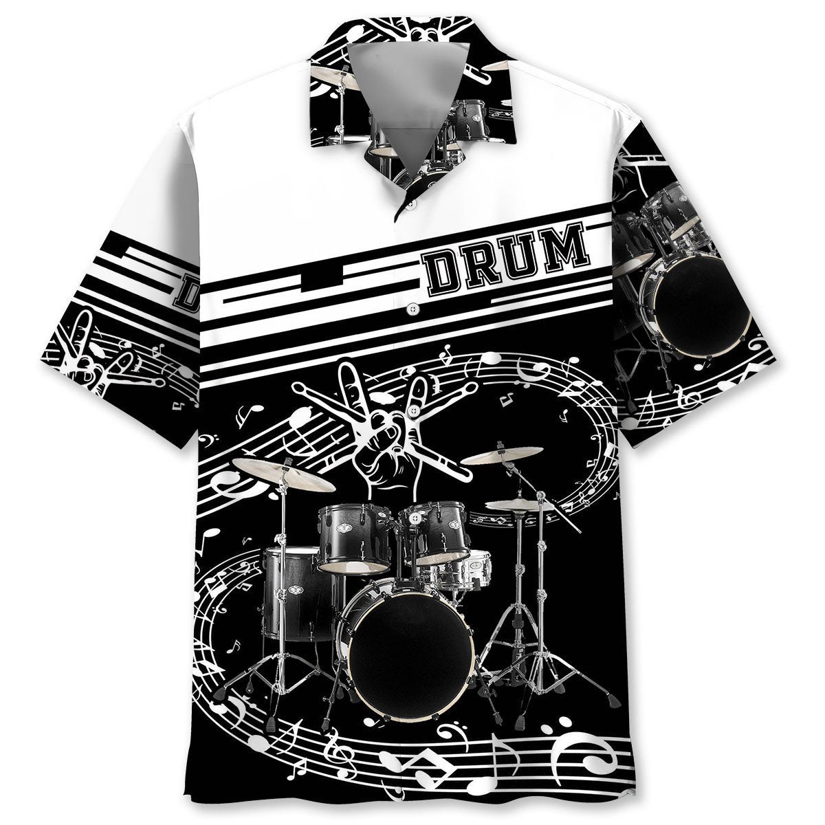 Black White Drum Hawaiian Shirt Artwork View For Coastal Escapes And Resort Style