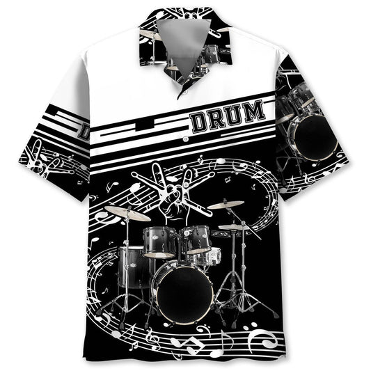 Black White Drum Hawaiian Shirt Artwork View For Coastal Escapes And Resort Style