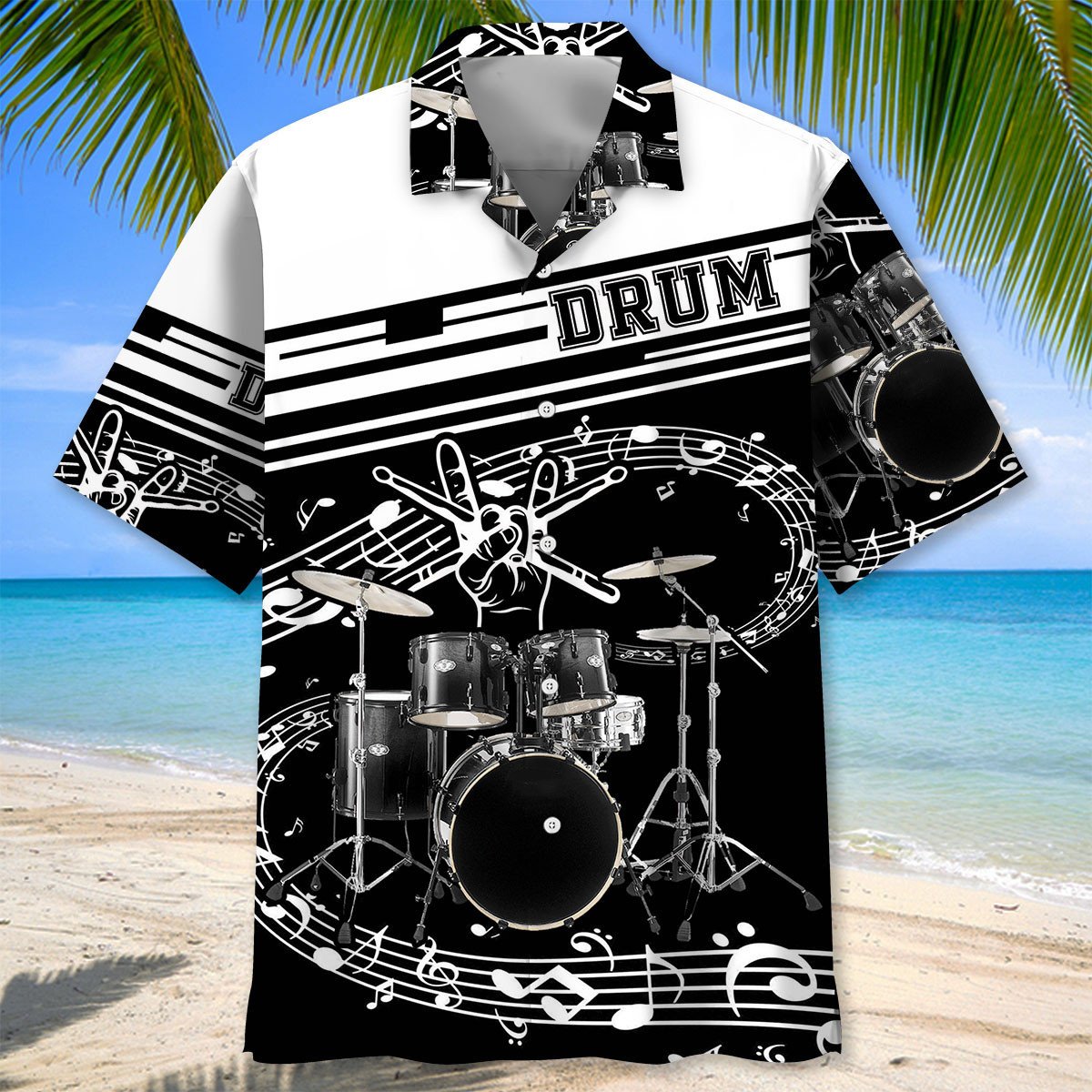 Black White Drum Hawaiian Shirt Design Detail For Beach Days And Holiday Travel