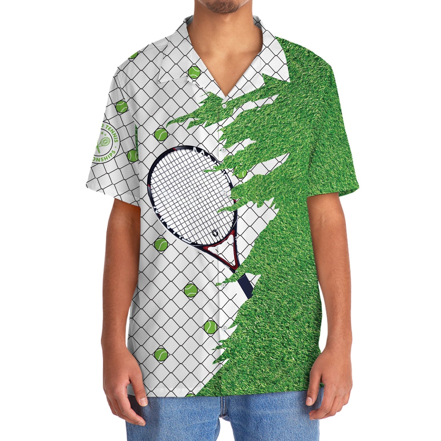 Green Tropical Tennis Hawaiian Shirt Pattern Detail For Vacation Travel And Daily Wear