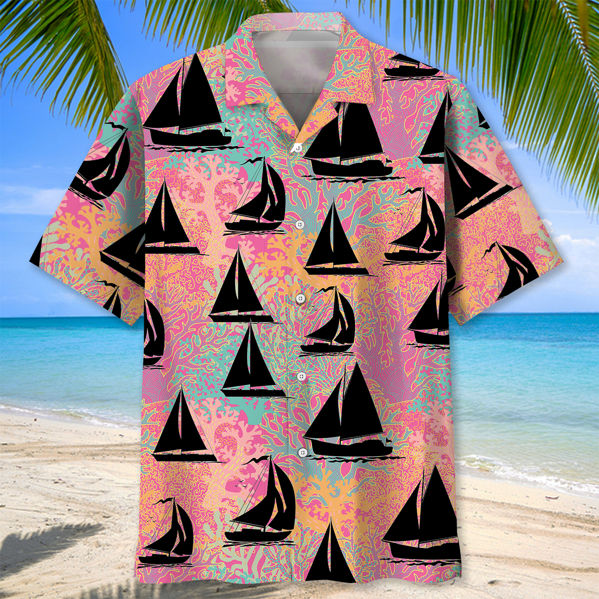 Tropical Sailboat Coral Hawaiian Shirt Artwork Detail For Resort Trips And Outdoor Activities