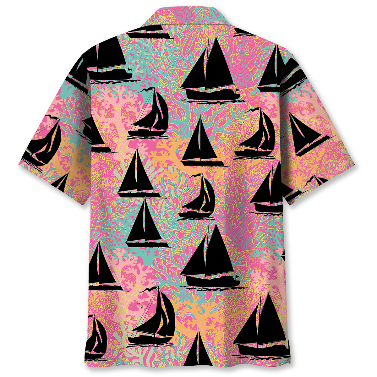 Tropical Sailboat Coral Hawaiian Shirt Design View For Casual Summer Styling
