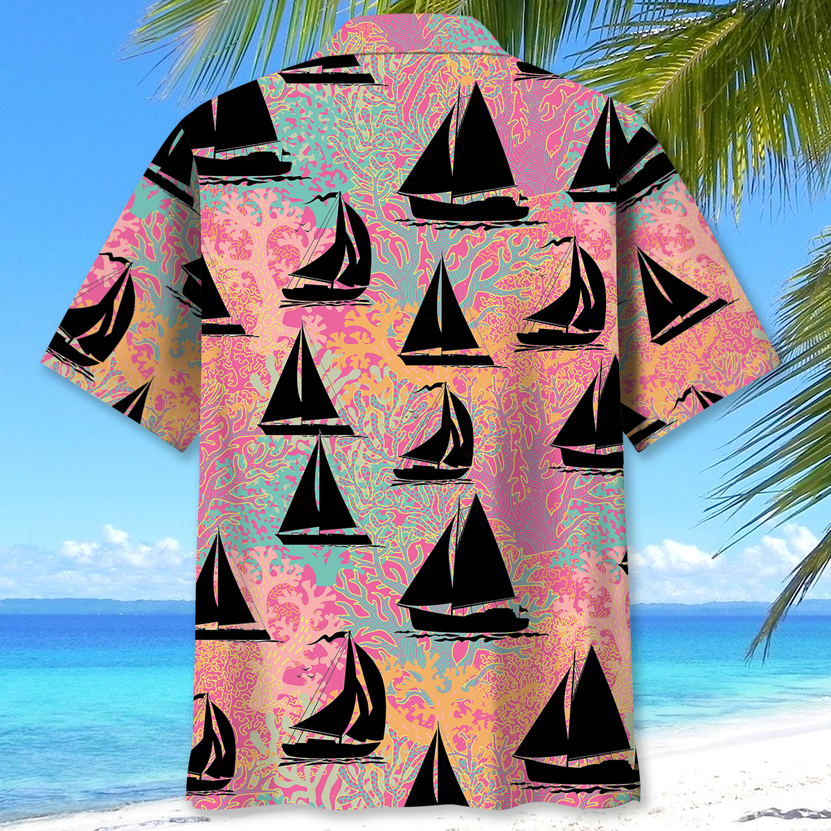 Tropical Sailboat Coral Hawaiian Shirt For Beach Parties And Weekend Getaways