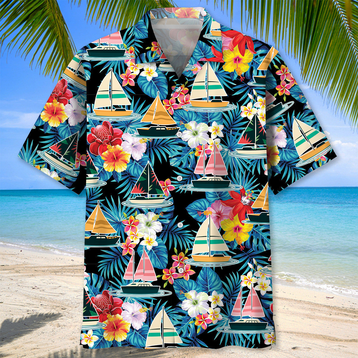 Tropical Floral Sailboat Hawaiian Shirt Design View For Casual Summer Styling