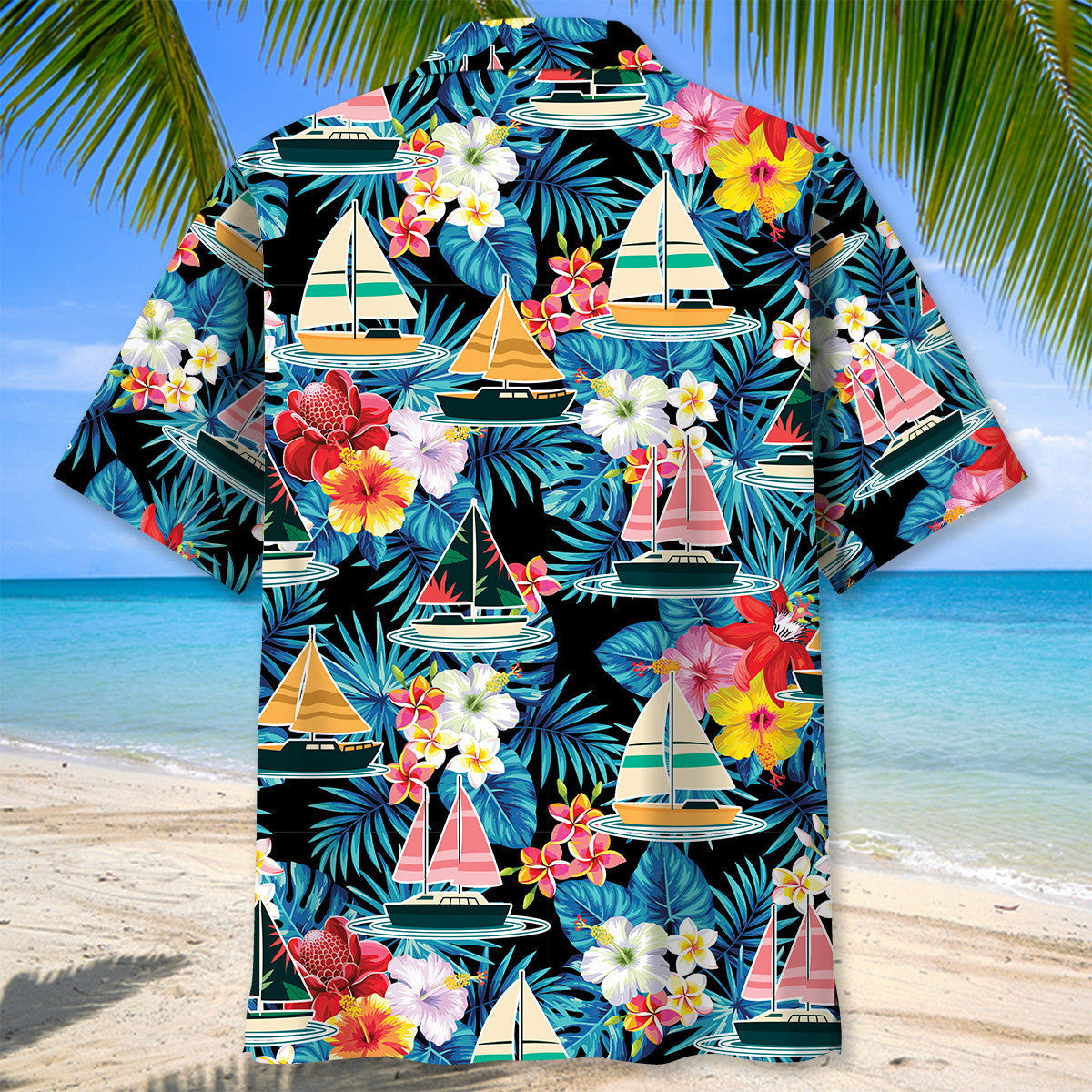 Tropical Floral Sailboat Hawaiian Shirt Pattern Detail For Vacation Travel And Daily Wear