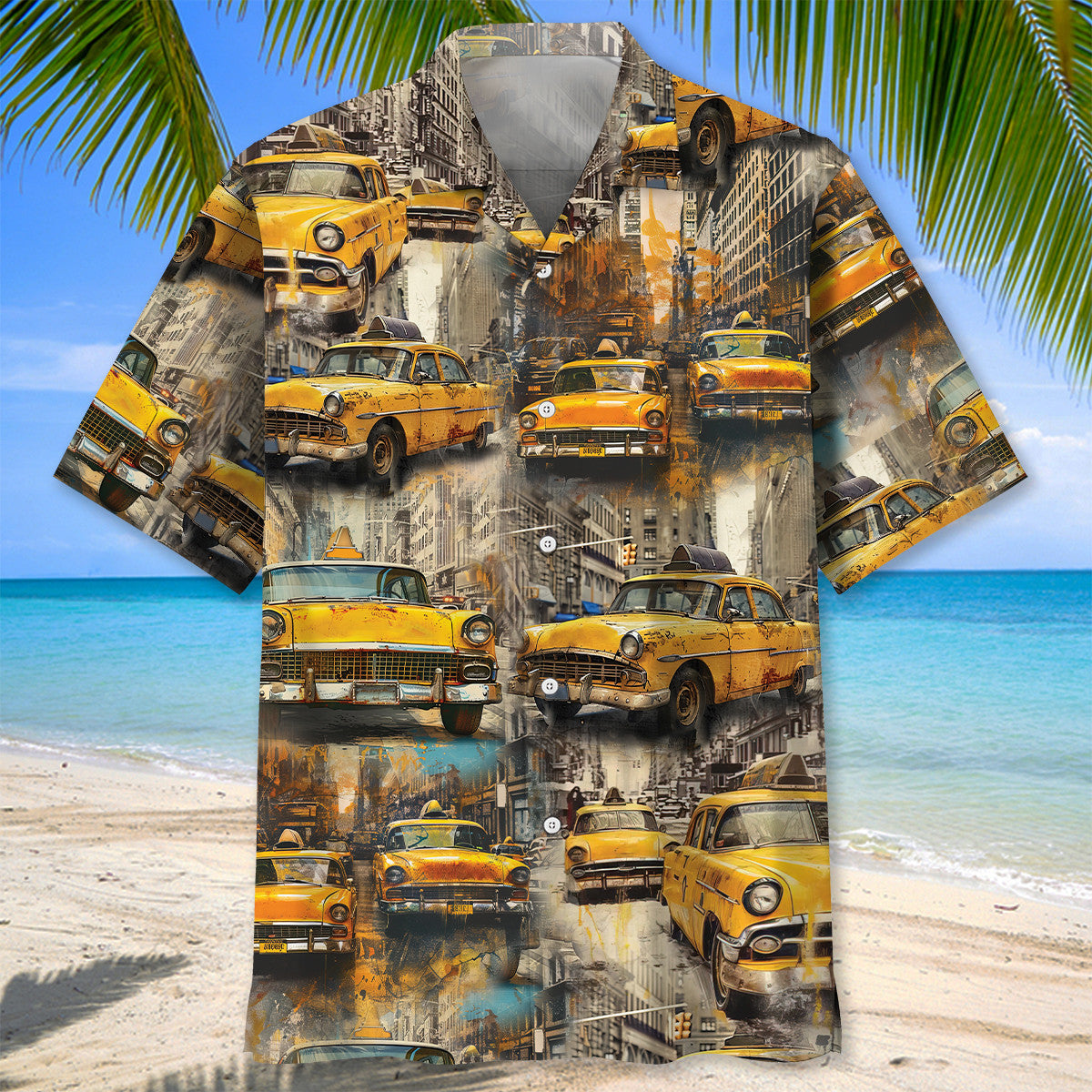 Vintage Retro Car New York Taxi Hawaiian Shirt Design Detail For Sunny Adventures And Casual Wear