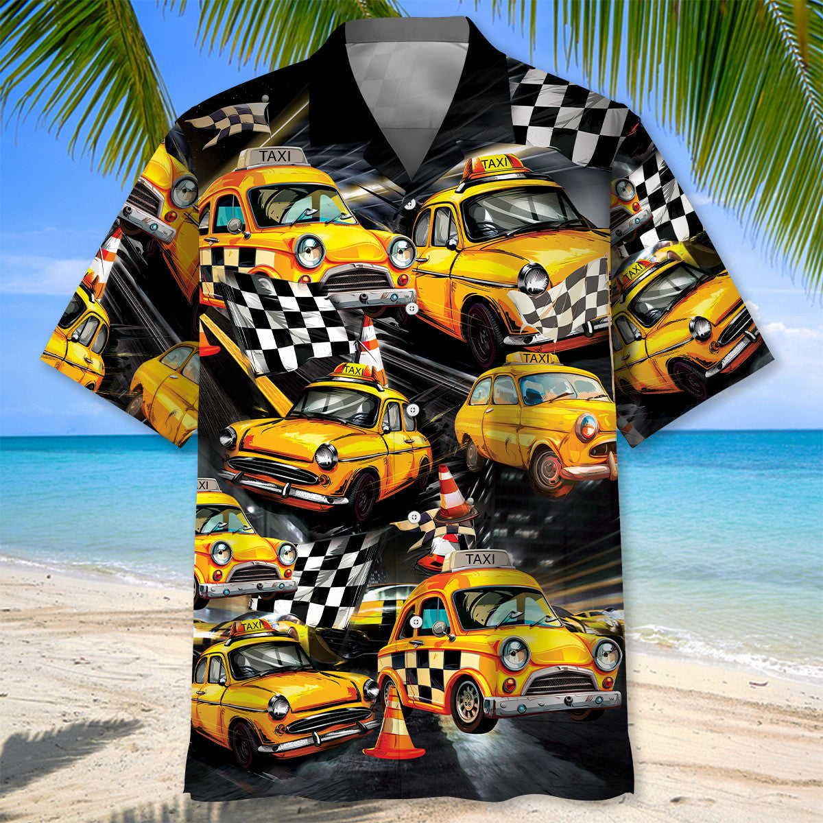 Yellow Car Drag Racing Taxi Street Hawaiian Shirt Artwork View For Coastal Escapes And Resort Style