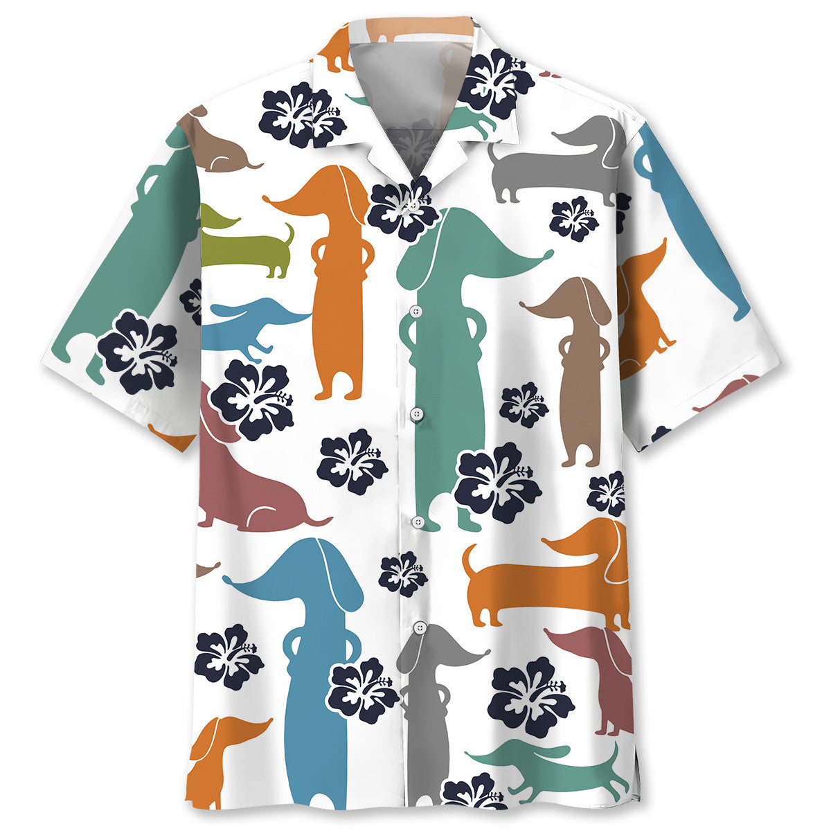 Funny Tropical Hibiscus Dachshund Hawaiian Shirt Pattern Detail For Vacation Travel And Daily Wear