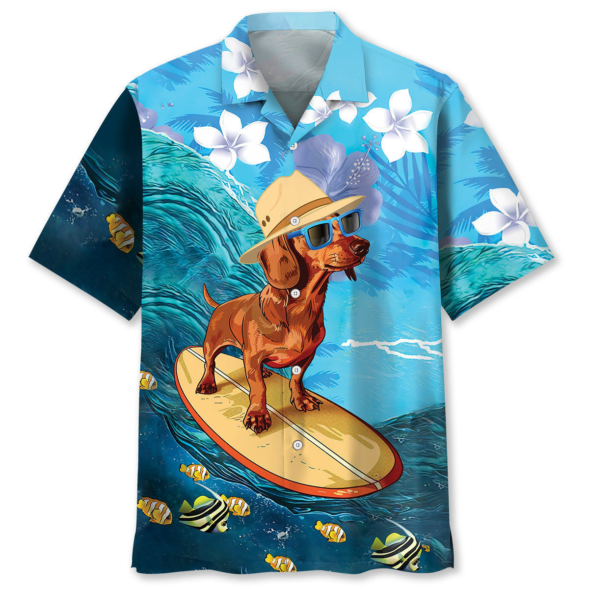 Funny Dachshund Surfing Hibiscus Hawaiian Shirt Design Detail For Sunny Adventures And Casual Wear