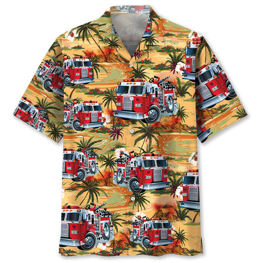 Firefighter Truck Tribute Hawaiian Shirt Pattern Detail For Summer Holidays And Outdoor Fun