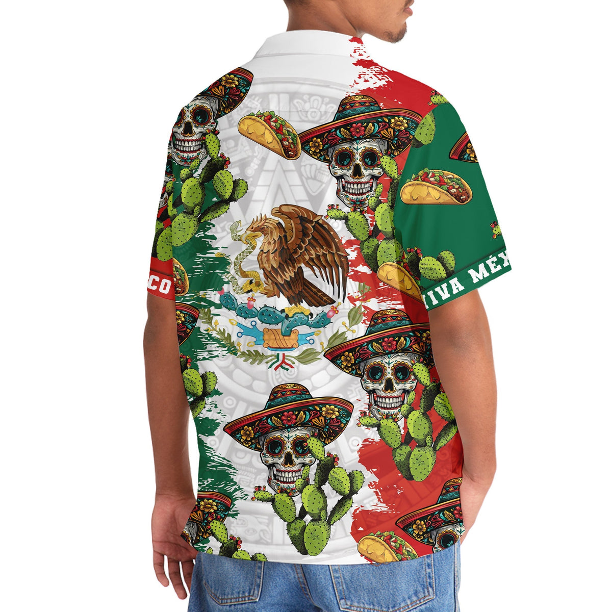 Skull Viva Mexico Fiesta Hawaiian Shirt Pattern Detail For Vacation Travel And Daily Wear