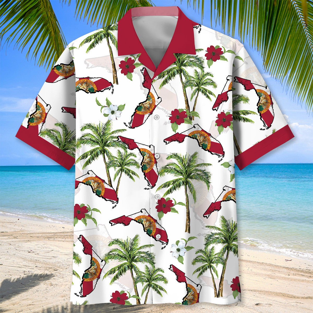 Tropical Florida Palm Map Hawaiian Shirt Pattern Detail For Vacation Travel And Daily Wear