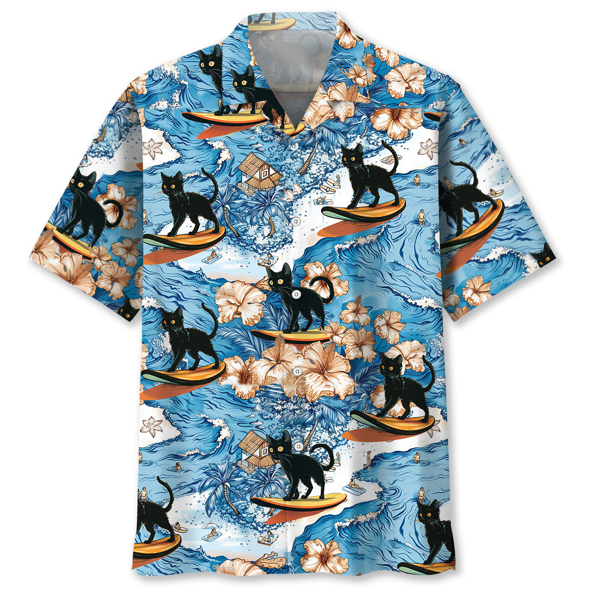 Black Tropical Cat Surfing Hawaiian Shirt Artwork View For Weekend Travel And Beach Style