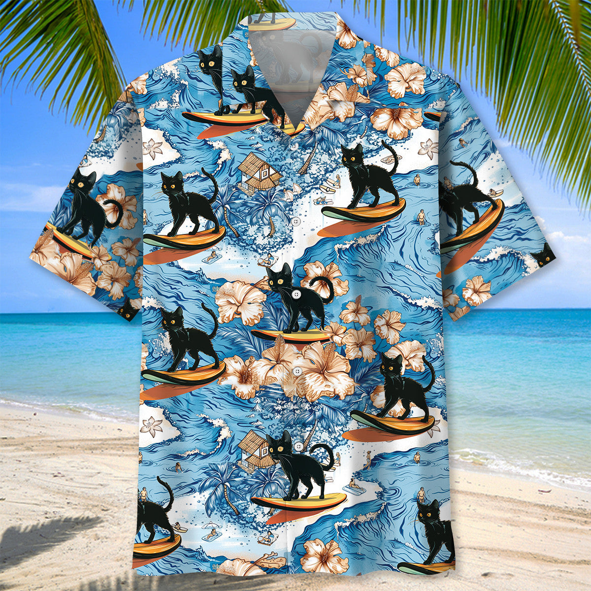 Black Tropical Cat Surfing Hawaiian Shirt Design Detail For Sunny Adventures And Casual Wear